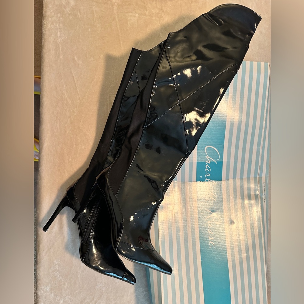Charlotte Russe Black Faux Patent Leather Stiletto Boots, 9 NWB - Picture 2 of 10